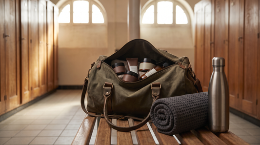 Open canvas gym duffel with a rolled towel and water bottle on a locker room bench