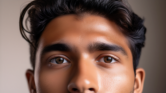 Close-up of a young man's forehead with a subtle natural oil sheen after washing