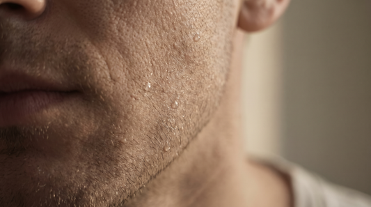 Macro photograph of healthy male skin on the jawline with water droplets in warm light
