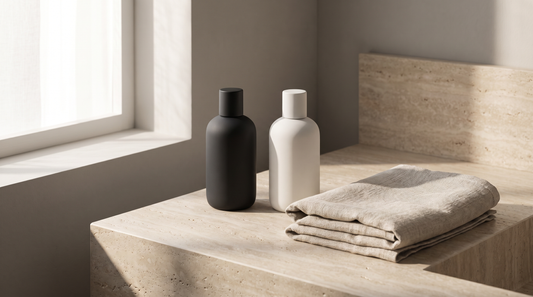 Two minimal bottles and a folded towel on a travertine bathroom counter in morning light