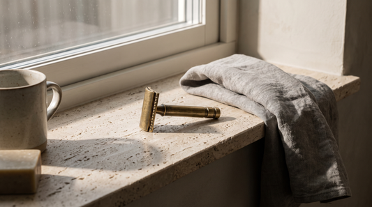 Brass safety razor on a travertine bathroom ledge beside a folded grey linen towel