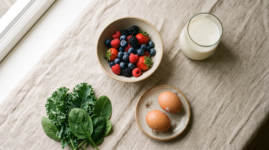 Overhead flat lay of berries, eggs, greens and a glass of milk on linen
