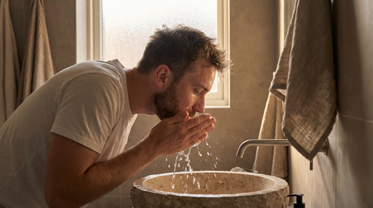 Man rinsing his face over a stone sink with water in motion