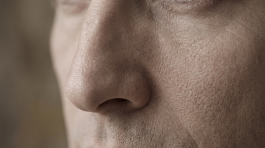 Close-up of the side of a man's nose and cheek showing natural skin texture in soft light