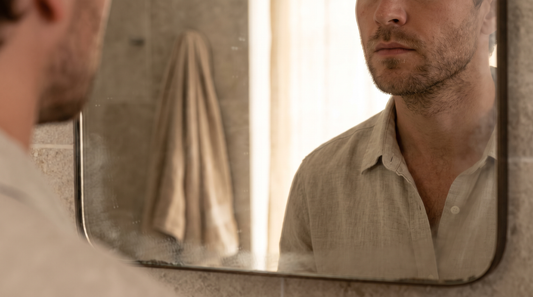 A man's jaw and cheek reflected in a bathroom mirror as he looks closely at his skin, hands out of frame