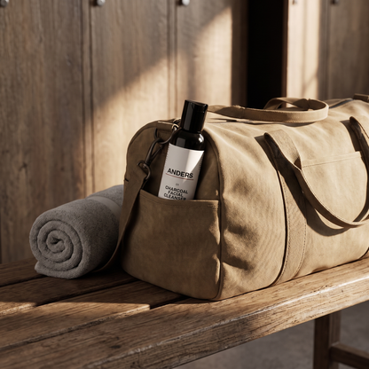 ANDERS Charcoal Facial Cleanser in the side pocket of a canvas gym bag on a locker room bench