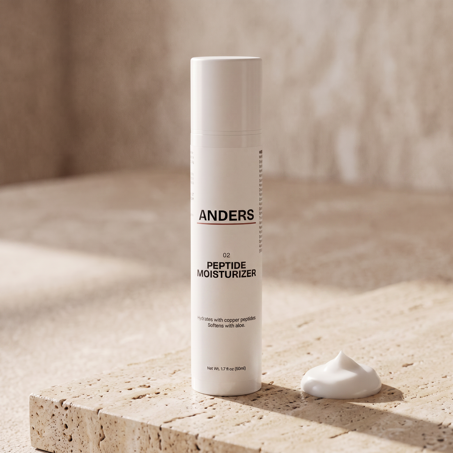ANDERS Peptide Moisturizer on a travertine ledge in morning light with a dollop of cream