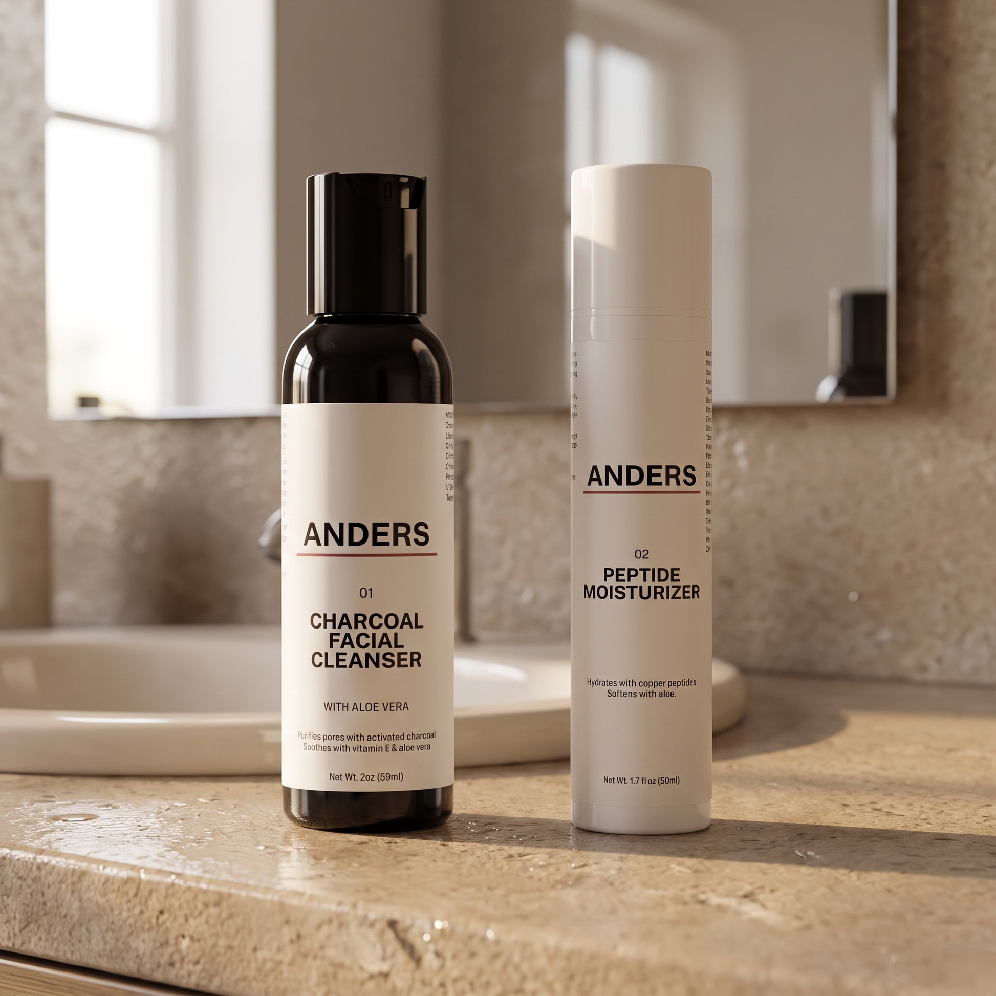 The ANDERS Set: Charcoal Facial Cleanser and Peptide Moisturizer side by side on a bathroom counter