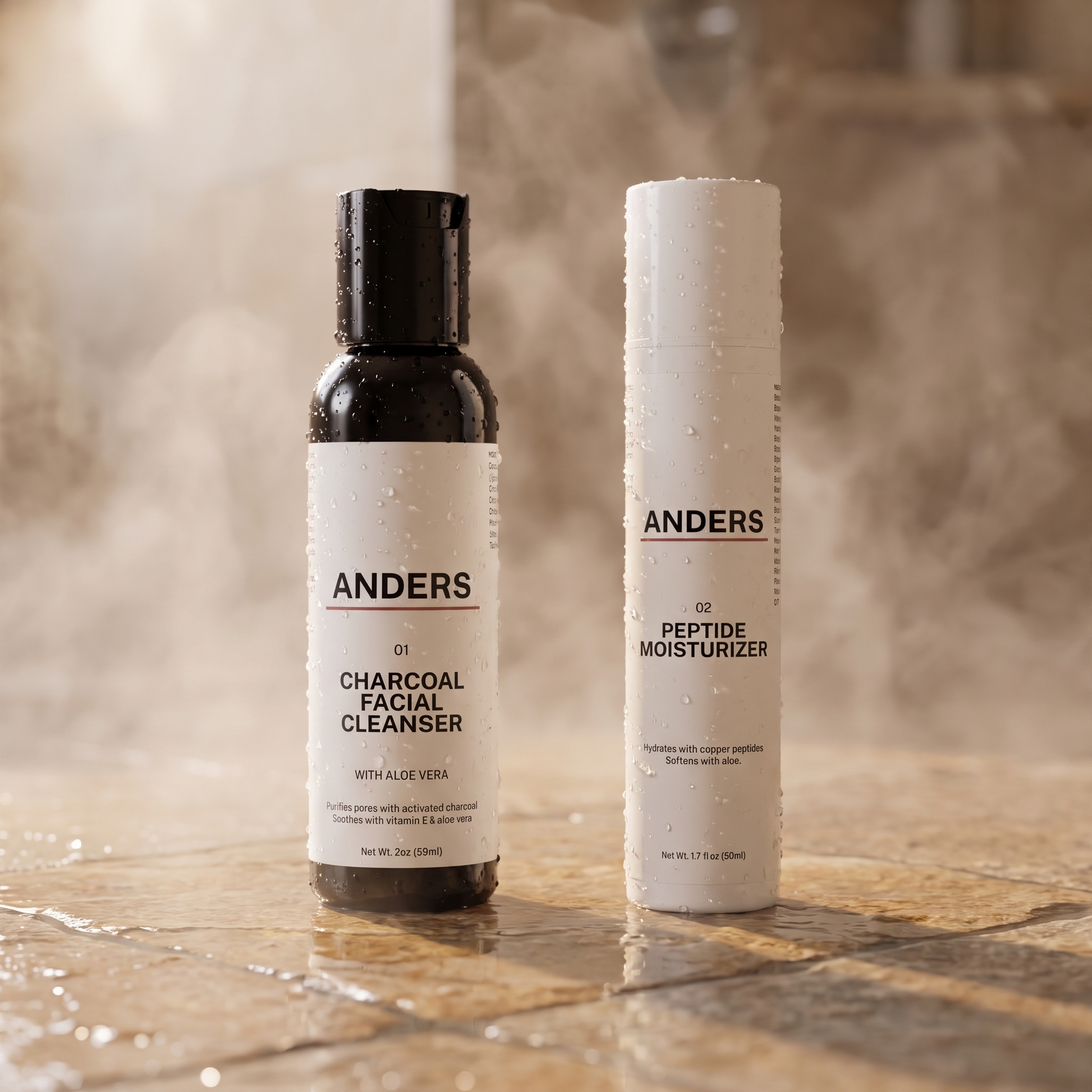 The ANDERS Set on wet stone with water droplets and steam