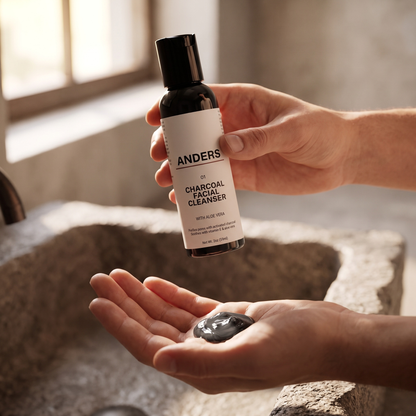 Dispensing ANDERS Charcoal Facial Cleanser into a cupped palm over a stone sink