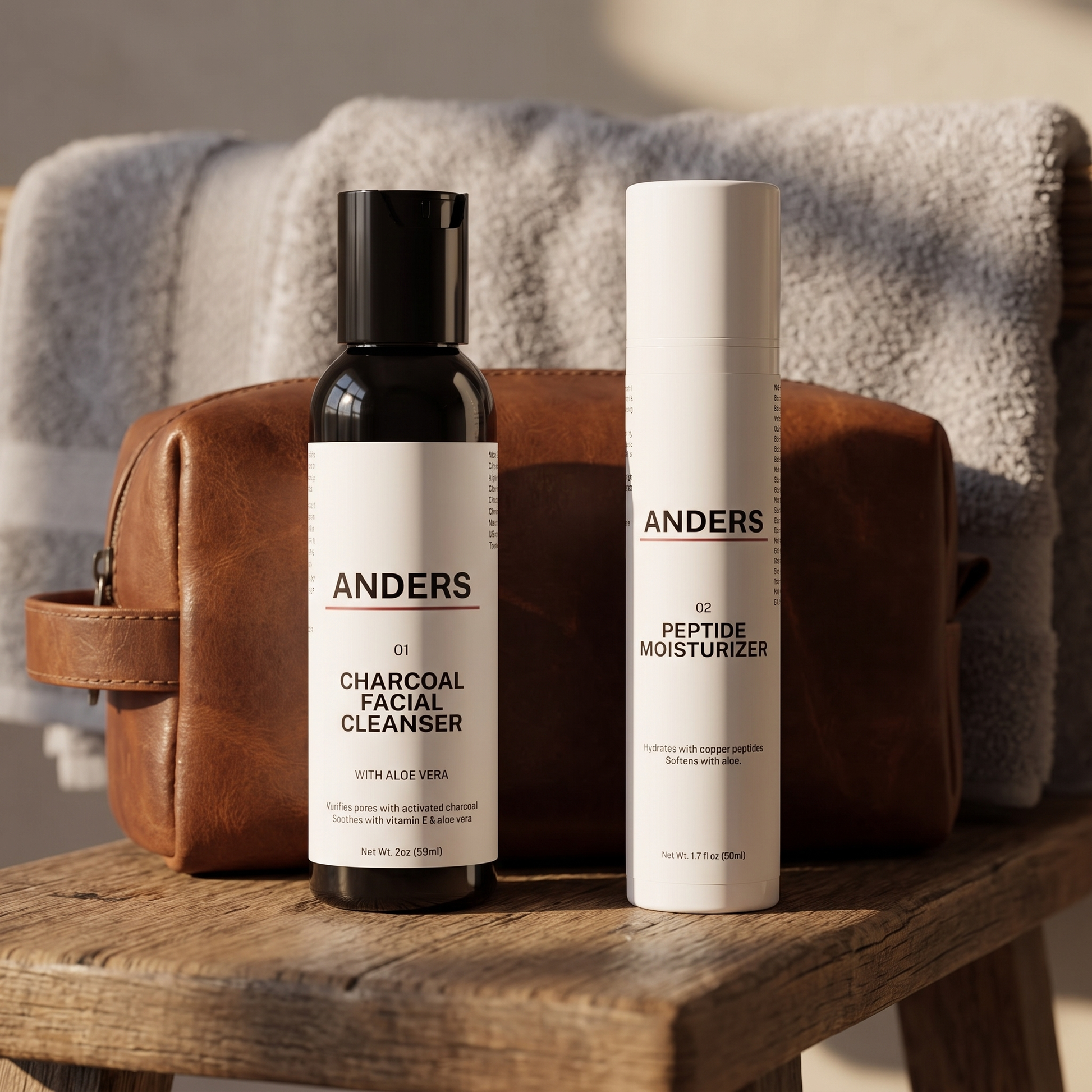 The ANDERS Set standing in front of a leather dopp kit on a wooden bench